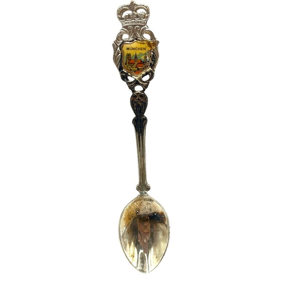 Antique Silver Souvenir Spoon With München Enamel Crest & Ornate Crown Handle
